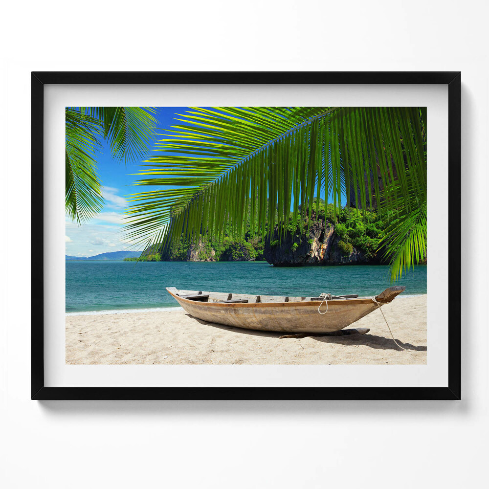 Obraz s rámem Loď na pláži pod palmou