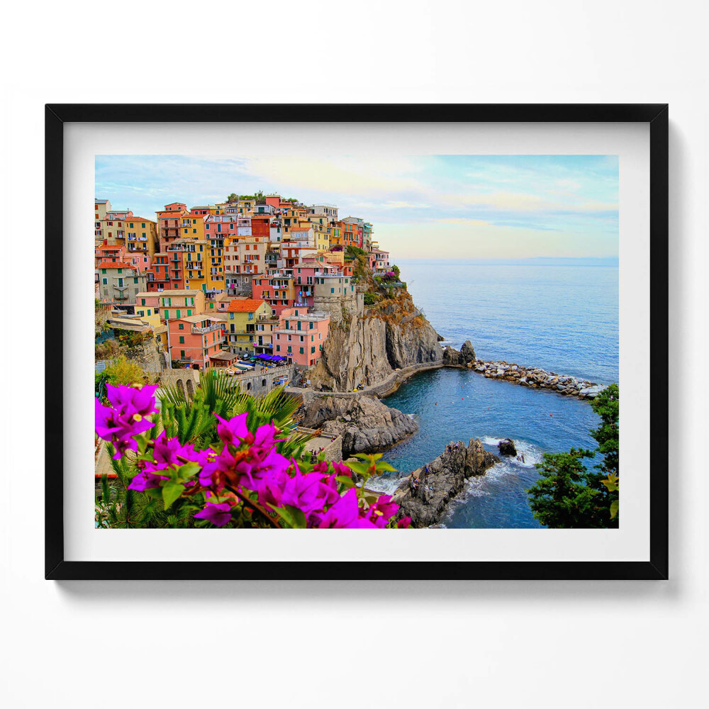 Obraz s rámem Květiny a pobřeží Cinque Terre Itálie