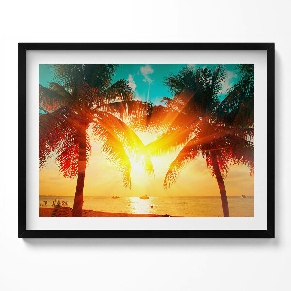 Obraz s rámem Pohled na dovolenou - palmy při západu slunce