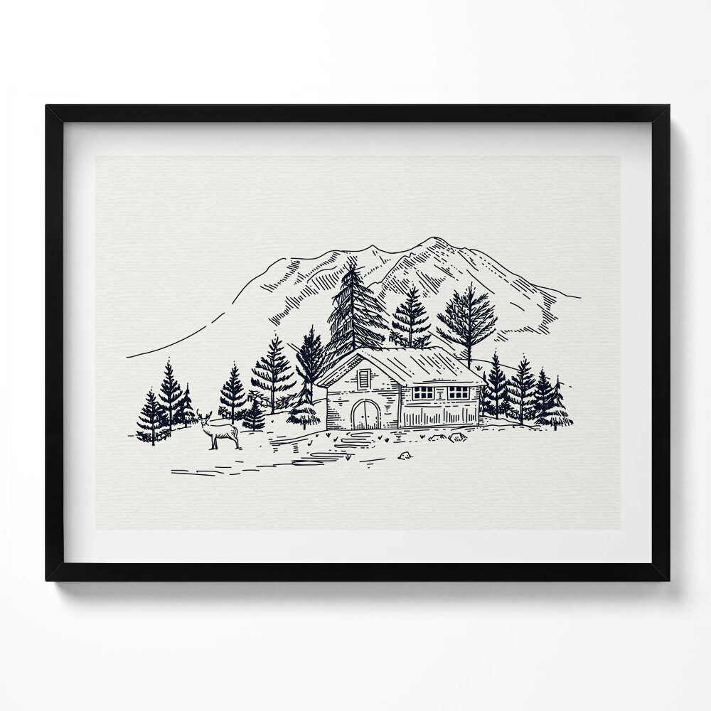 Obraz s rámem Kresba chaty v horách