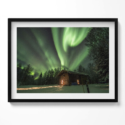 Obraz s rámem Polární záře a dům v lese