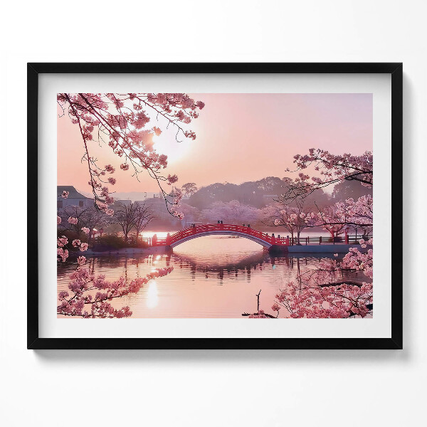Obraz s rámem Třešňové květy a most - japonský styl