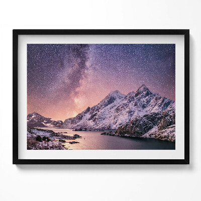 Obraz s rámem Aurora a hvězdná obloha nad horami