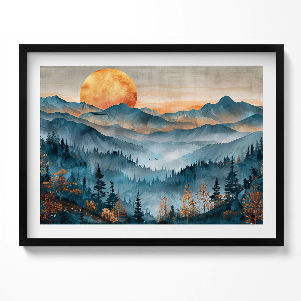 Obraz s rámem Abstraktní krajina slunce nad horami a lesy