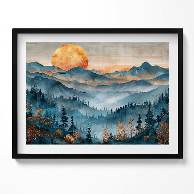 Obraz s rámem Abstraktní krajina slunce nad horami a lesy