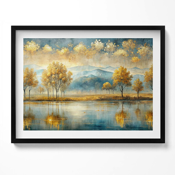 Obraz s rámem Abstraktní krajina zlatých stromů u jezera