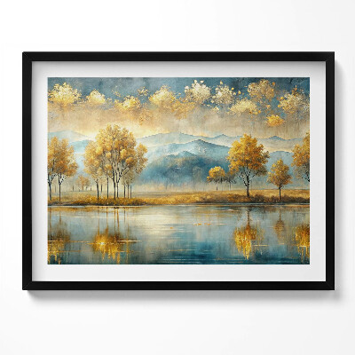 Obraz s rámem Abstraktní krajina zlatých stromů u jezera