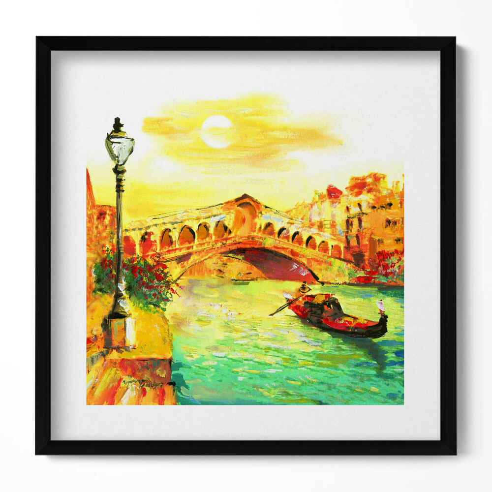 Obraz v rámu efektivní Benátky - gondola a most Rialto
