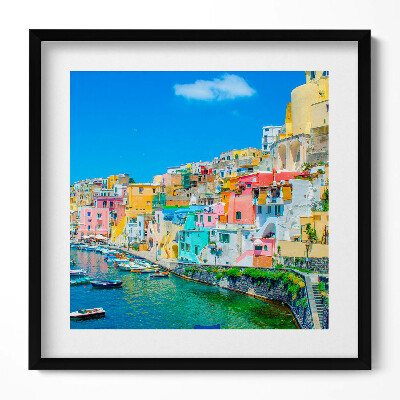 Obraz v rámu efektivní Přímořské město a lodě