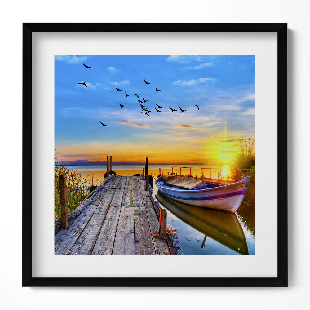 Obraz v rámu efektivní Pohled na jezero a západ slunce