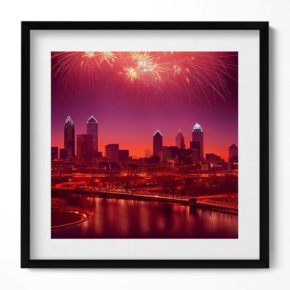Obraz v rámu efektivní Město v noci ohňostroj ve Philadelphii