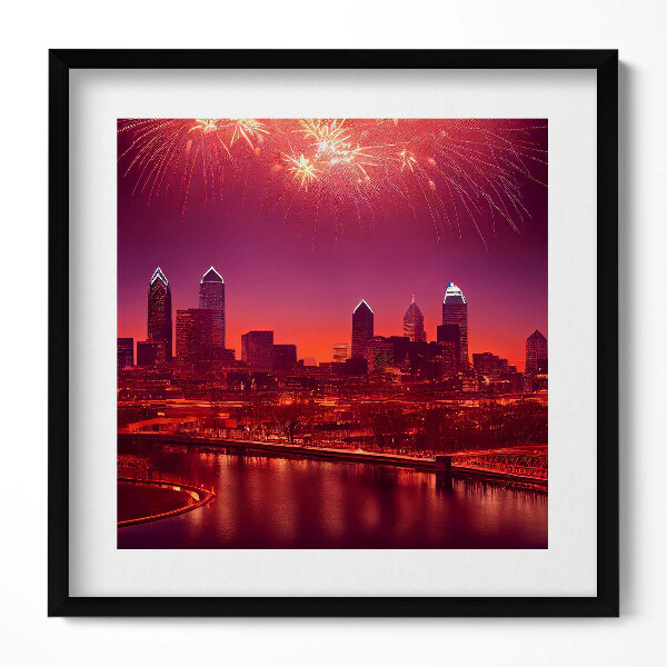 Obraz v rámu efektivní Město v noci ohňostroj ve Philadelphii