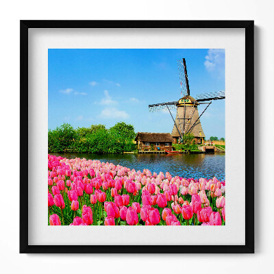 Obraz v rámu efektivní Holandský větrný mlýn s květinami