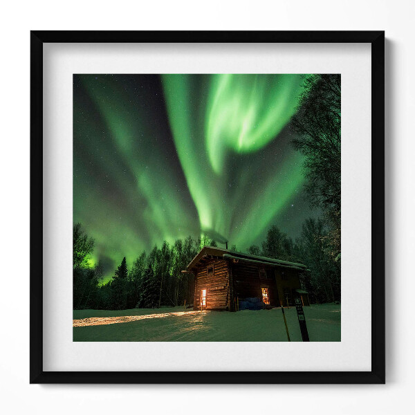 Obraz v rámu efektivní Polární záře a dům v lese