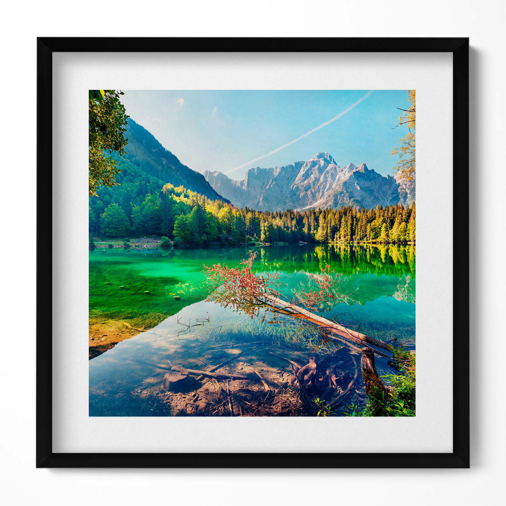 Obraz v rámu efektivní Krajina horského jezera mezi stromy