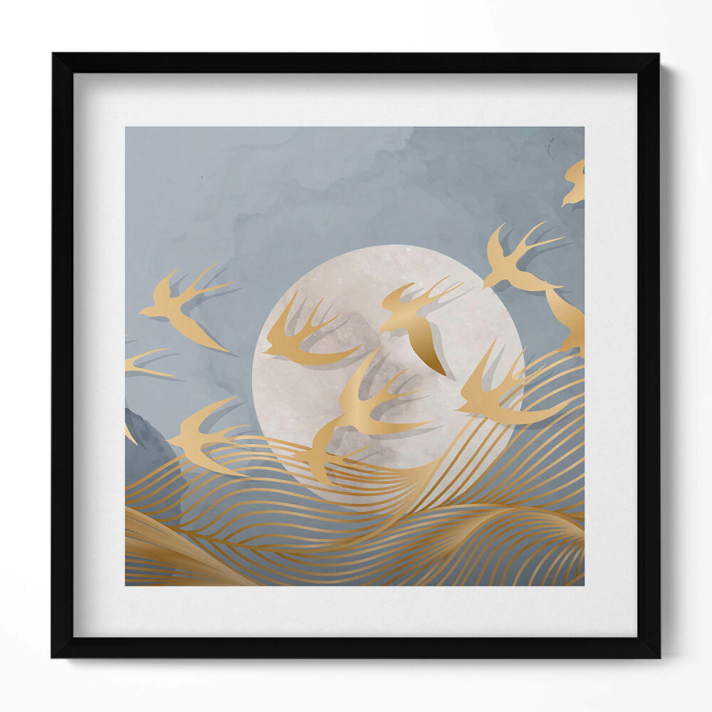 Obraz v rámu efektivní Ilustrace měsíce a létajících ptáků