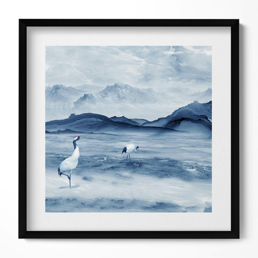 Obraz v rámu efektivní Malovaná krajina jezera a jeřábů