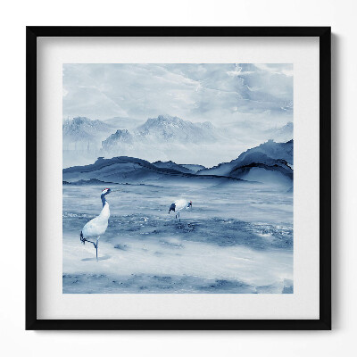 Obraz v rámu efektivní Malovaná krajina jezera a jeřábů