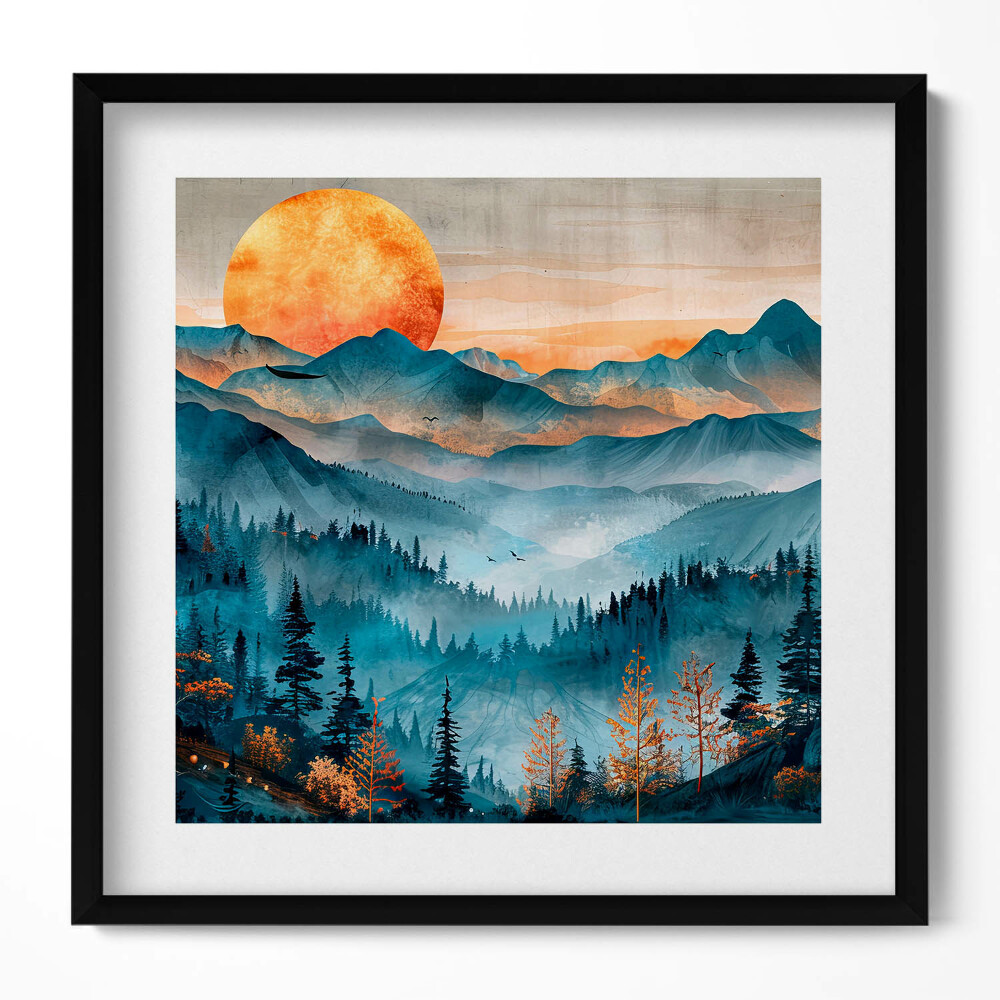 Obraz v rámu efektivní Abstraktní krajina slunce nad horami a lesy