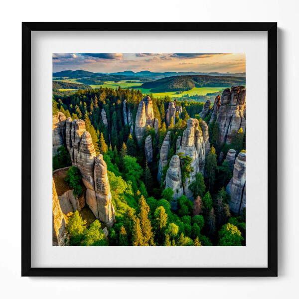 Obraz v rámu efektivní Pohled z ptačí perspektivy na zvláštní hory a lesy