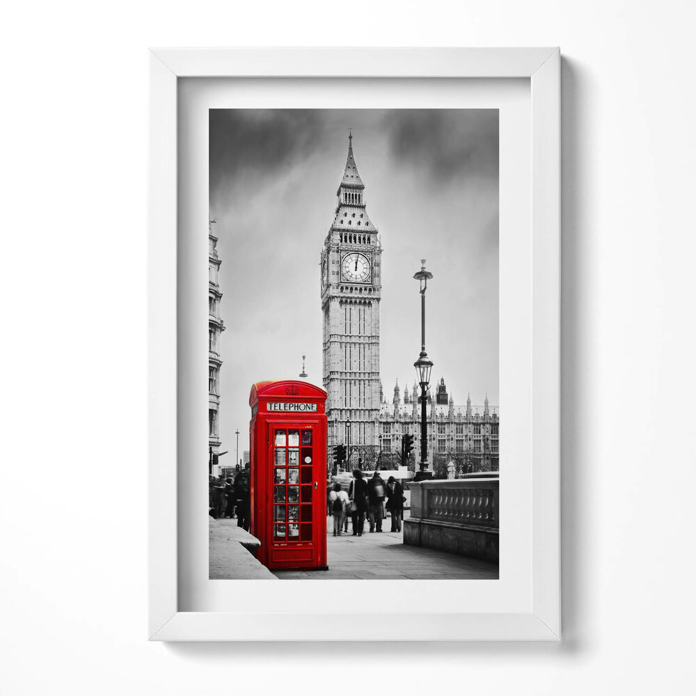 Obraz s rámem elegantní Big Ben a červená budka v Anglii