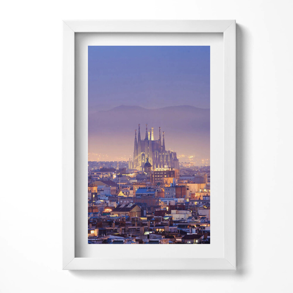 Obraz s rámem elegantní Pohled na Barcelonu a Sagradu v noci