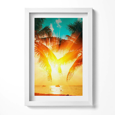 Obraz s rámem elegantní Pohled na dovolenou - palmy při západu slunce