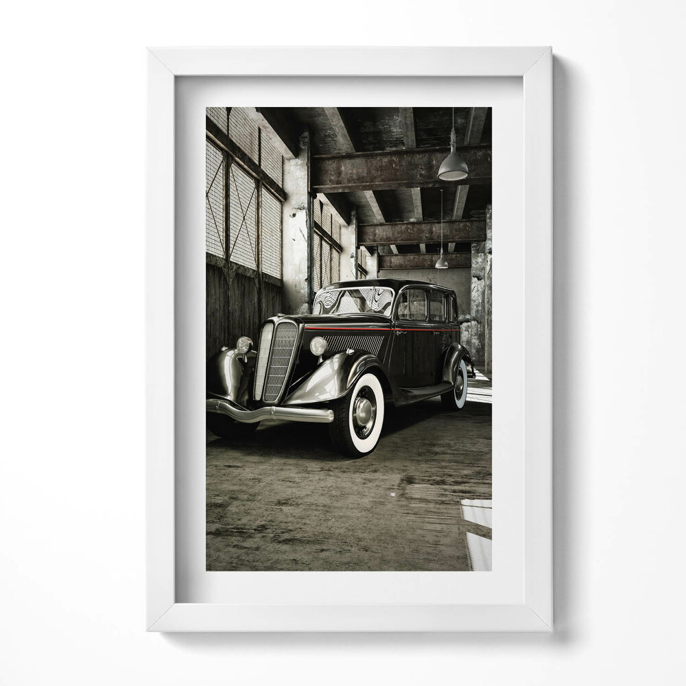 Obraz s rámem elegantní Klasické auto ve staré továrně