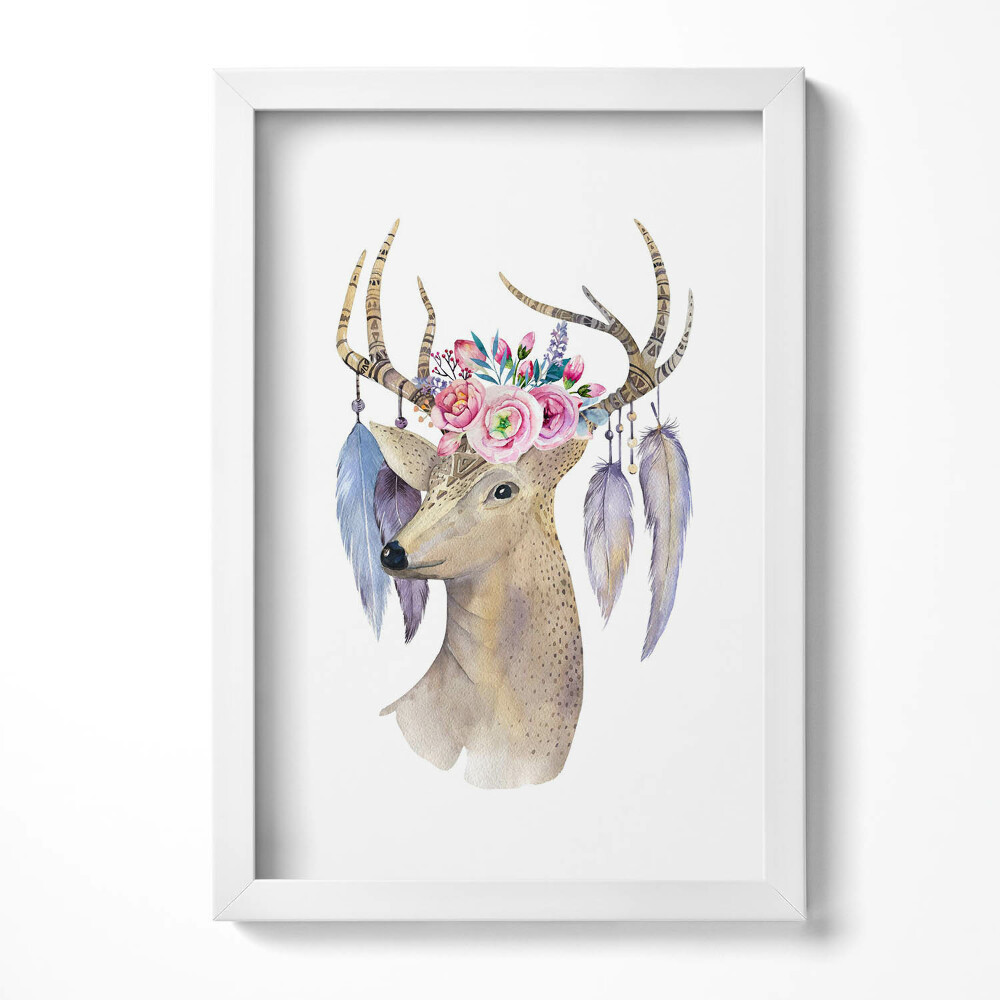 Obraz s rámem elegantní Jelení hlava a květiny