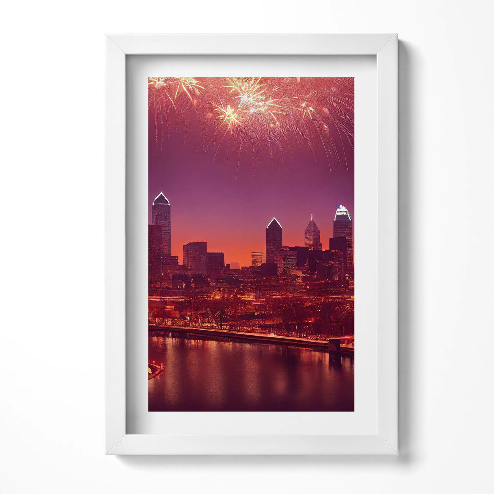 Obraz s rámem elegantní Město v noci ohňostroj ve Philadelphii