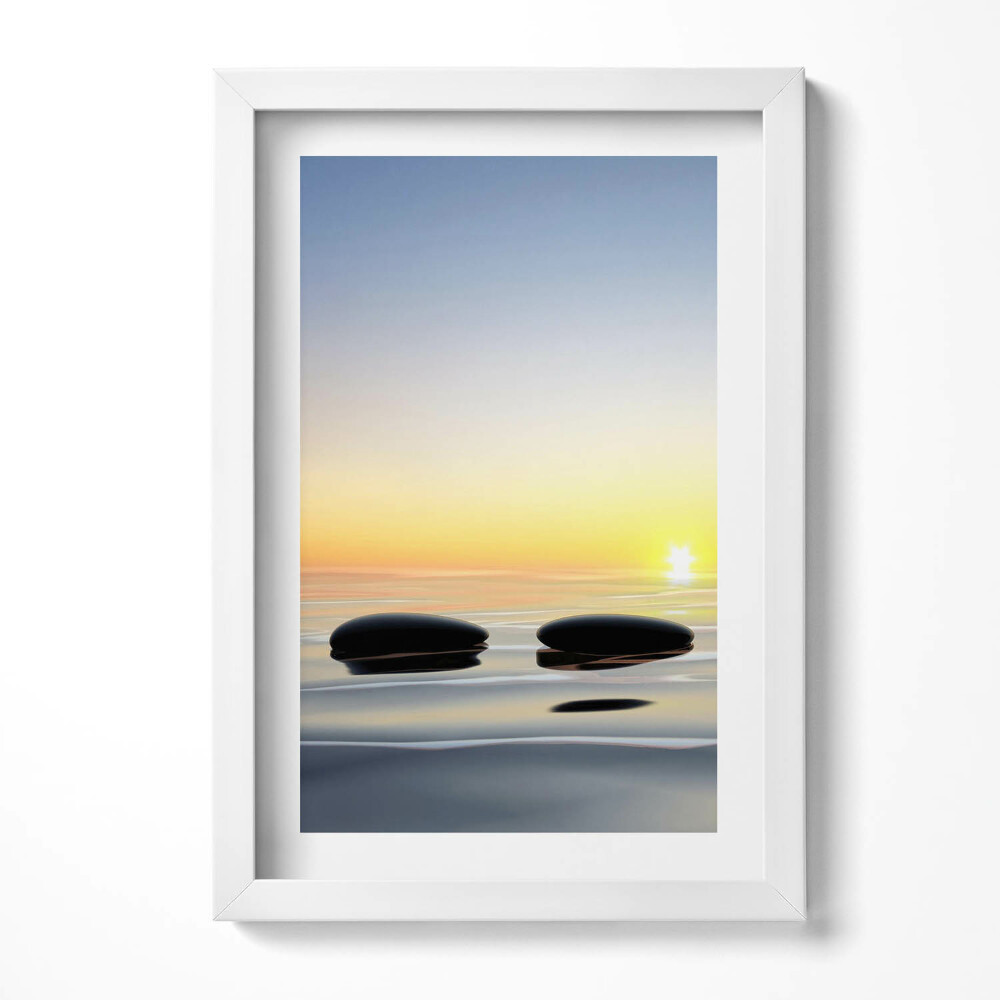 Obraz s rámem elegantní Kameny na vodě při východu slunce - zen
