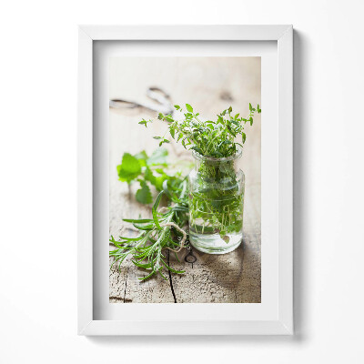 Obraz s rámem elegantní Byliny ve sklenici na dřevo