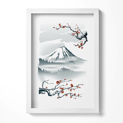 Obraz s rámem elegantní Japonská ilustrace hory Fuji a třešňových květů