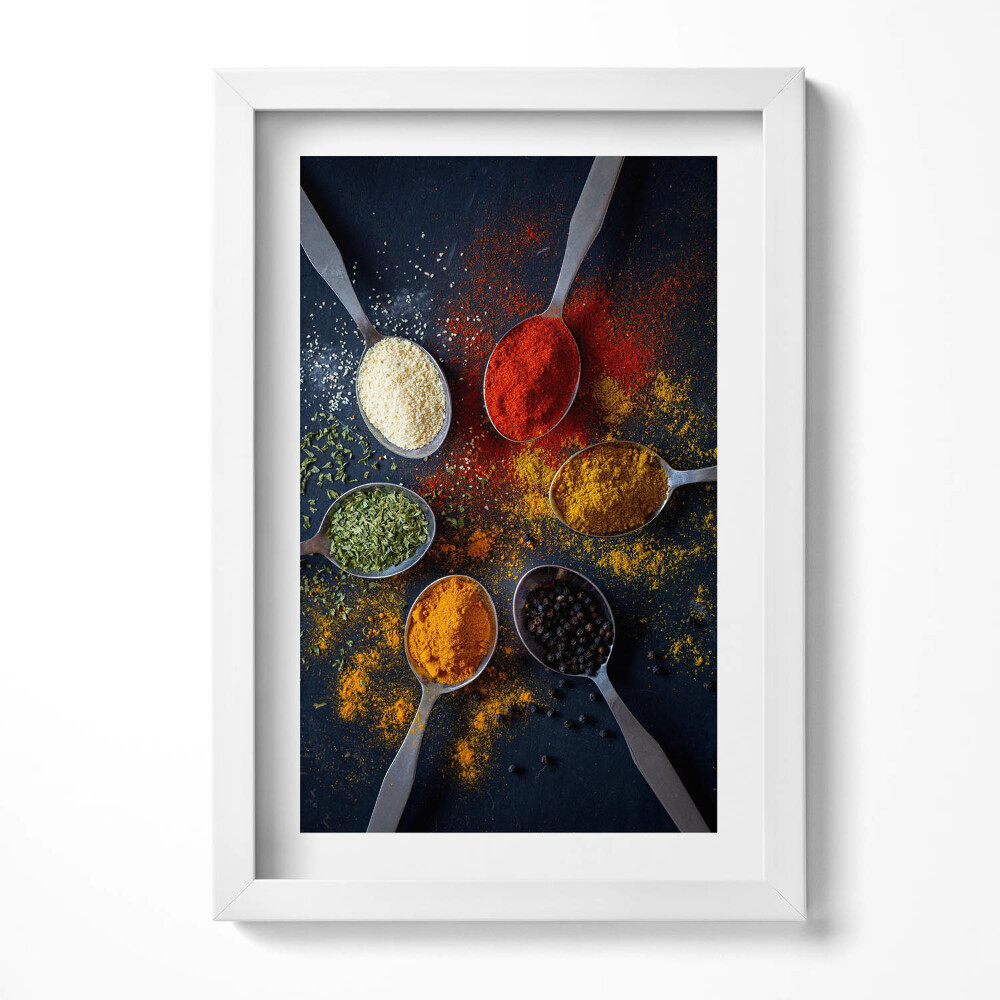 Obraz s rámem elegantní Lžíce s barevným kořením do kuchyně