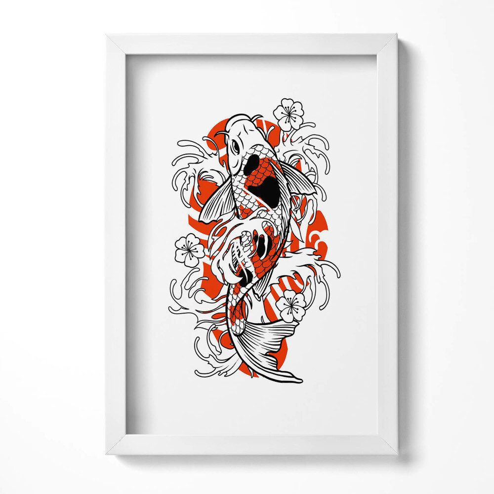 Obraz s rámem elegantní Ilustrace ryb Koi v japonském stylu