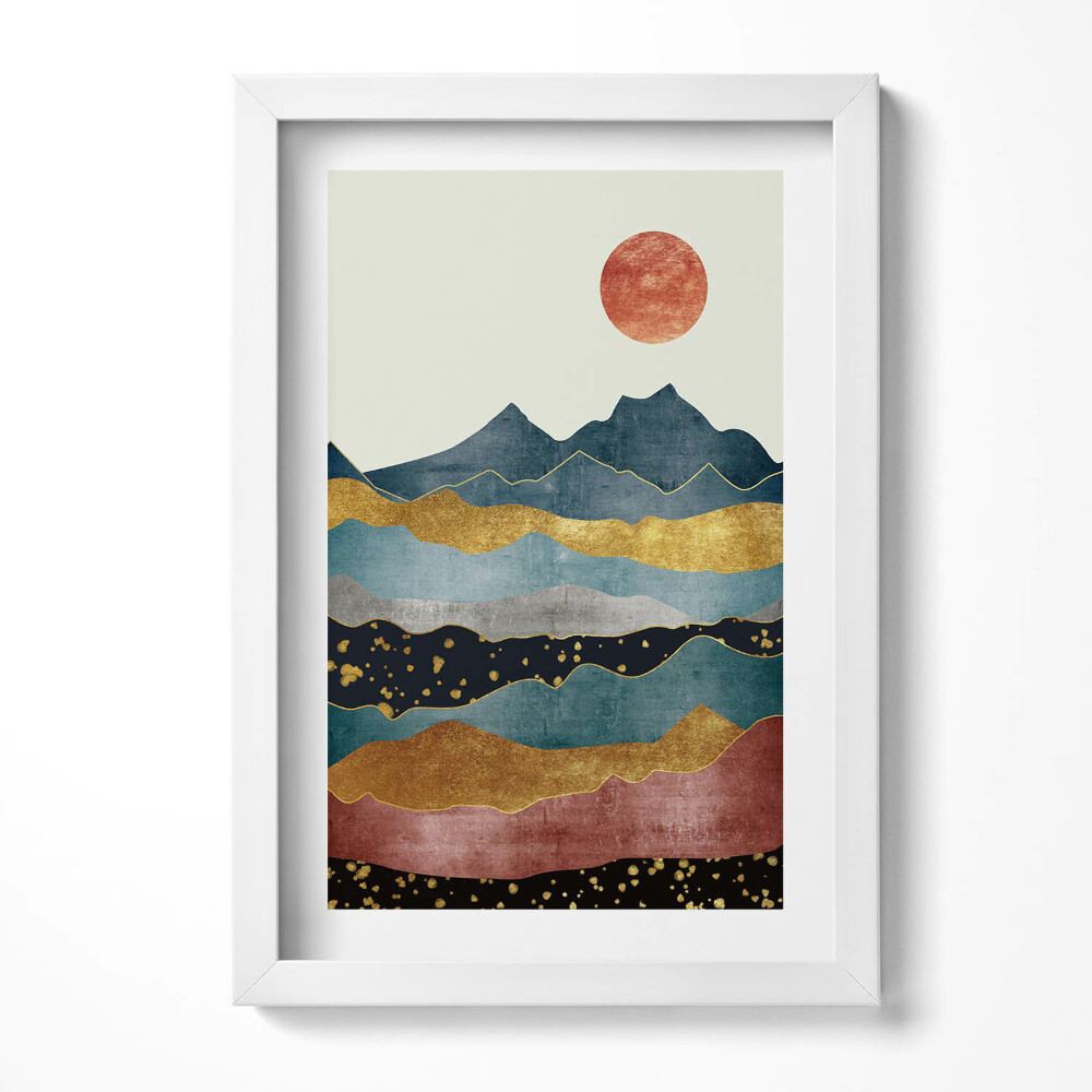 Obraz s rámem elegantní Abstraktní krajina barevných hor a slunce