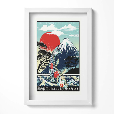 Obraz s rámem elegantní Japonská ilustrace hory Fuji a ryb Koi