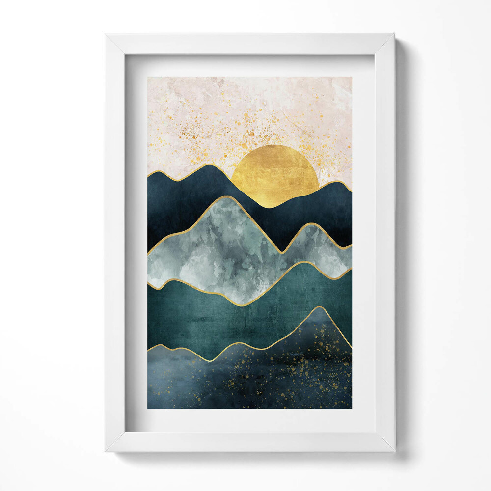 Obraz s rámem elegantní Abstraktní krajina hor a zlatého slunce