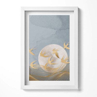 Obraz s rámem elegantní Ilustrace měsíce a létajících ptáků