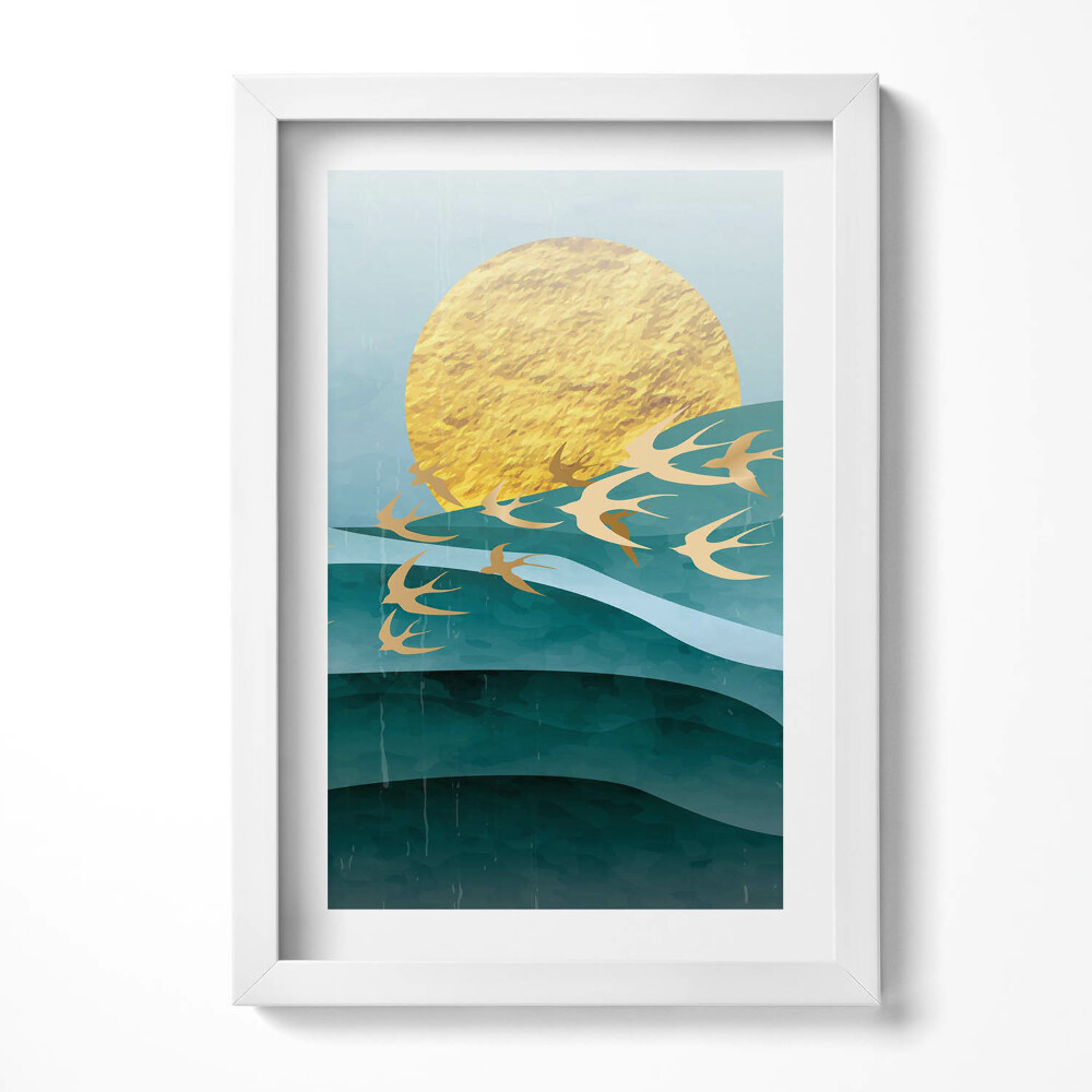 Obraz s rámem elegantní Ilustrace zlatých ptáků na obloze