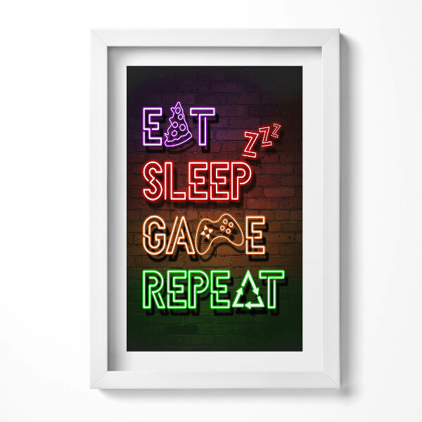 Obraz s rámem elegantní Nápis pro hráče "Eat sleep game repeat"
