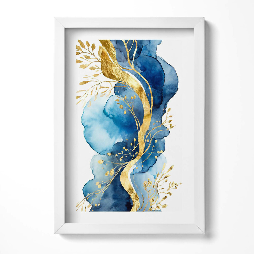 Obraz s rámem elegantní Abstrakce zlatých rostlin na modrém pozadí