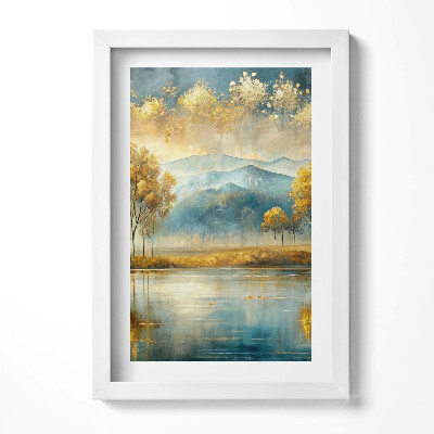 Obraz s rámem elegantní Abstraktní krajina zlatých stromů u jezera