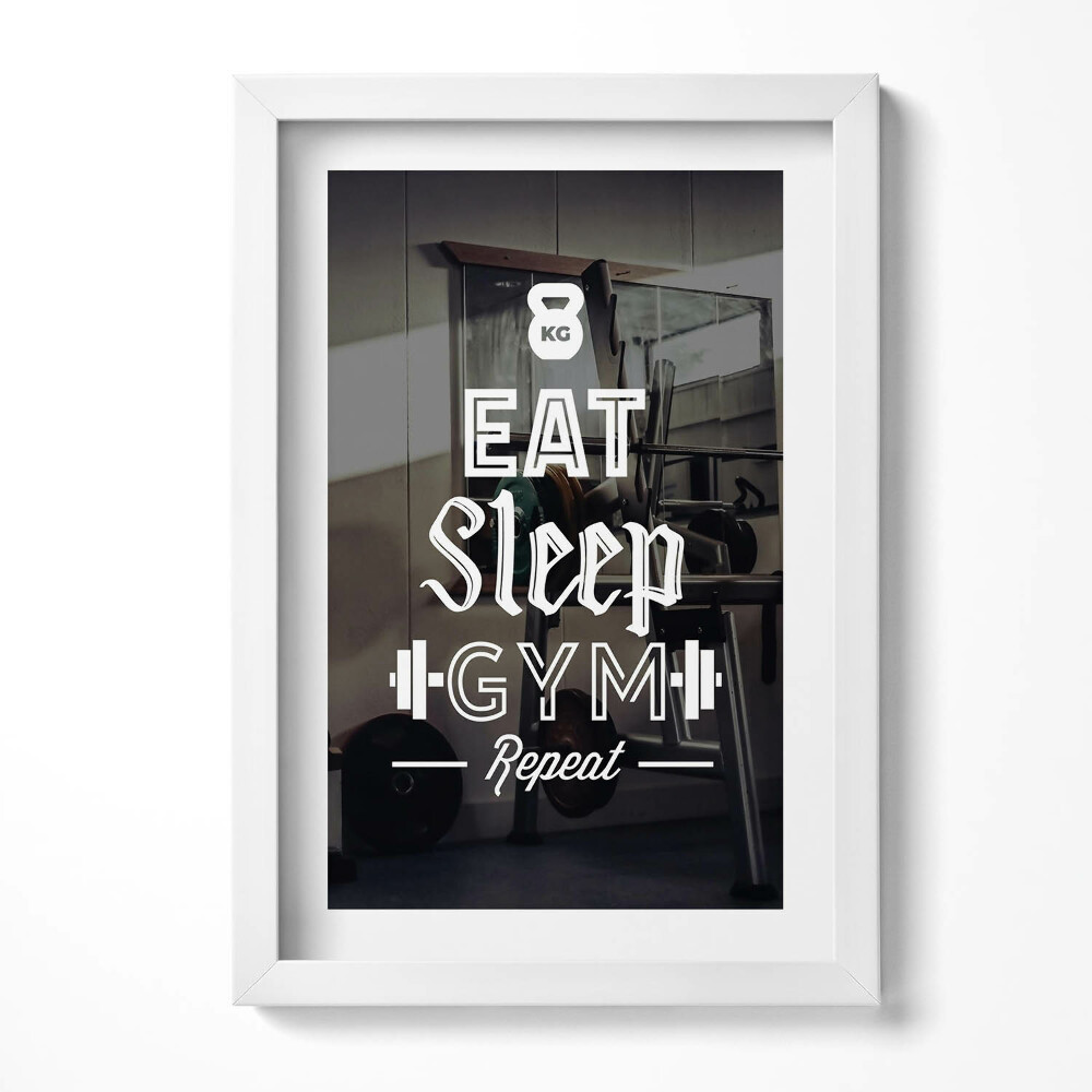 Obraz s rámem elegantní Motivační nápis "Eat Sleep gym repeat"