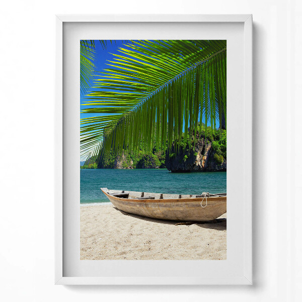 Obraz v rámu dekorativní Loď na pláži pod palmou