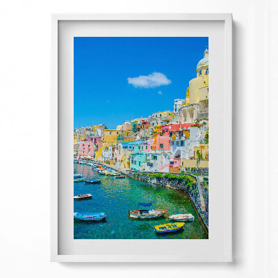 Obraz v rámu dekorativní Přímořské město a lodě