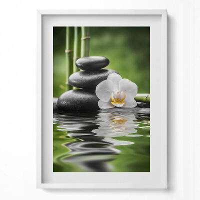 Obraz v rámu dekorativní Zen - bambusové kameny a květina na vodě