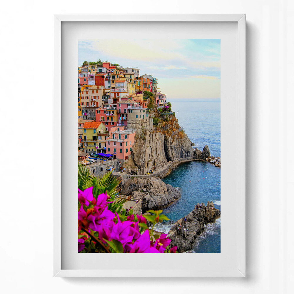 Obraz v rámu dekorativní Květiny a pobřeží Cinque Terre Itálie