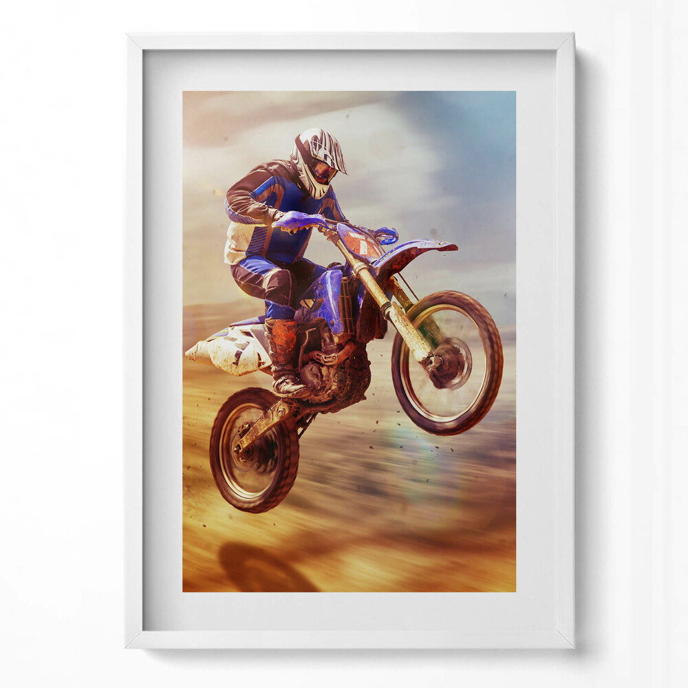 Obraz v rámu dekorativní Motocyklista v poušti