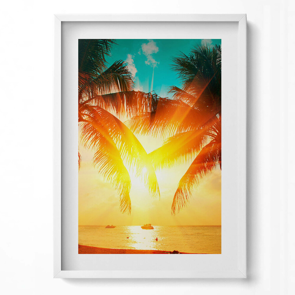 Obraz v rámu dekorativní Pohled na dovolenou - palmy při západu slunce